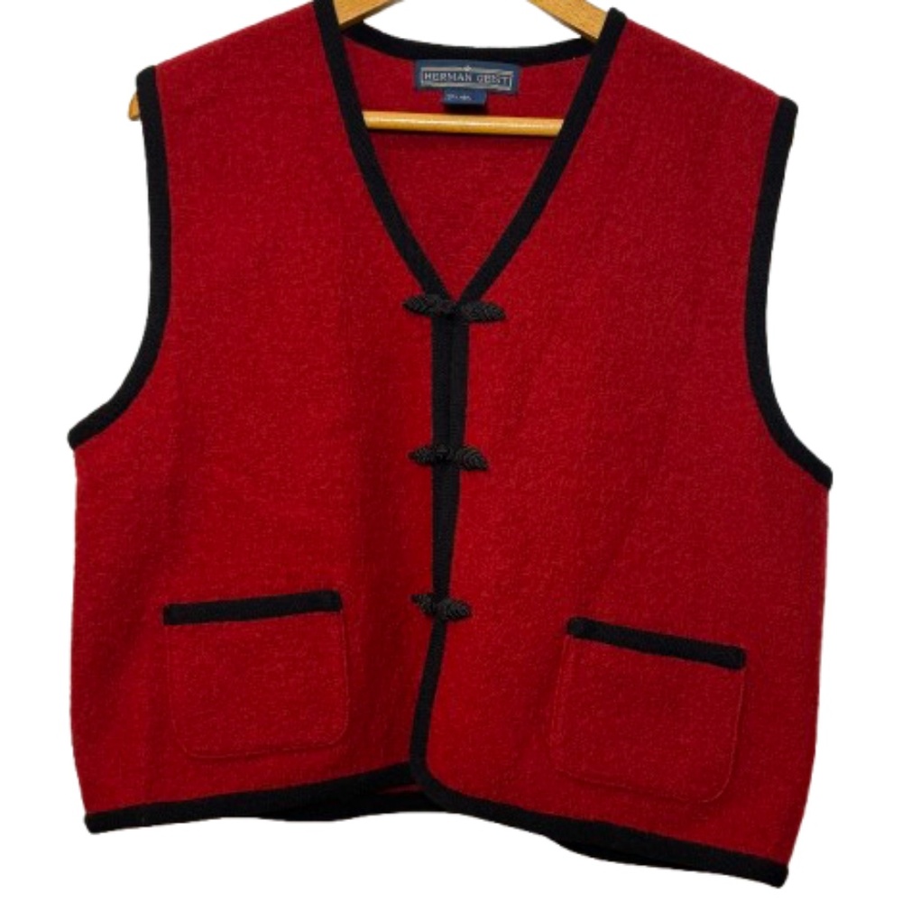 Vintage Women's Large Herman Geist 100% Wool Vest Red w Black Trim Frog Closure